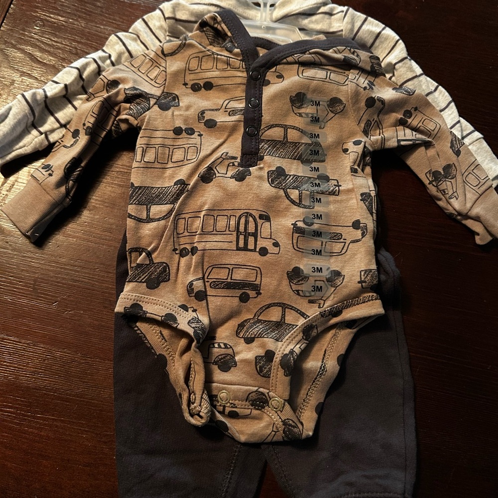 NWOT 3 piece Brown and Gray Baby Onesie with Vehicle Print, Stripes and Pants